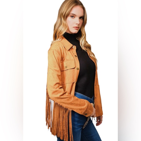 NEW Blue b Copper Brown Faux Suede Allover Back Chevron Fringe Retro Jacket S - Picture 5 of 9